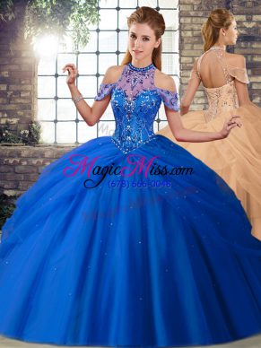 Fashionable Blue Ball Gowns Beading and Pick Ups Quinceanera Gown Lace Up Tulle Sleeveless