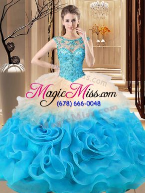 Luxury Multi-color Ball Gowns Fabric With Rolling Flowers Scoop Sleeveless Beading and Ruffles Floor Length Lace Up 15 Quinceanera Dress