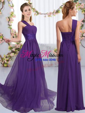 Floor Length Lace Up Wedding Guest Dresses Purple for Wedding Party with Ruching