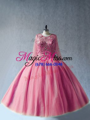 Ball Gowns Quinceanera Gown Pink Scoop Tulle Long Sleeves Floor Length Lace Up