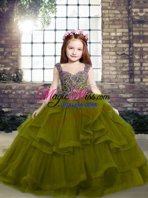 Olive Green Lace Up Pageant Dresses Beading and Ruffles Sleeveless Floor Length