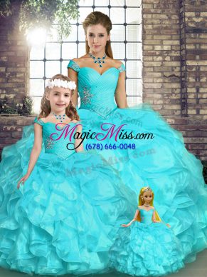 Aqua Blue Organza Lace Up Quinceanera Gowns Sleeveless Floor Length Beading and Ruffles