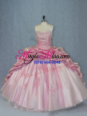 Beauteous Pink Ball Gowns Beading and Appliques and Pick Ups Quinceanera Gown Lace Up Tulle Sleeveless