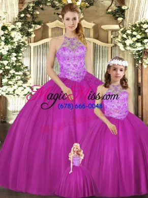 Fuchsia Ball Gowns Beading Ball Gown Prom Dress Lace Up Tulle Sleeveless Floor Length