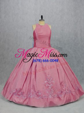 Low Price Pink Ball Gowns Scoop Sleeveless Taffeta Floor Length Zipper Embroidery 15 Quinceanera Dress