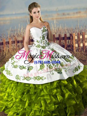 Enchanting Olive Green Sleeveless Floor Length Embroidery and Ruffles Lace Up Sweet 16 Quinceanera Dress