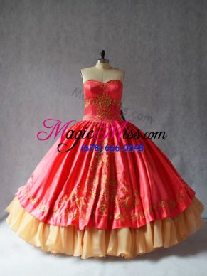 Coral Red Ball Gowns Embroidery Ball Gown Prom Dress Lace Up Satin and Organza Sleeveless Floor Length