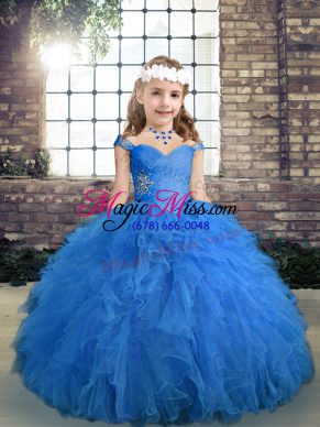Best Blue Girls Pageant Dresses Party and Wedding Party with Beading and Ruffles Straps Sleeveless Lace Up