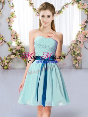 Customized Sleeveless Mini Length Belt Lace Up Vestidos de Damas with Aqua Blue