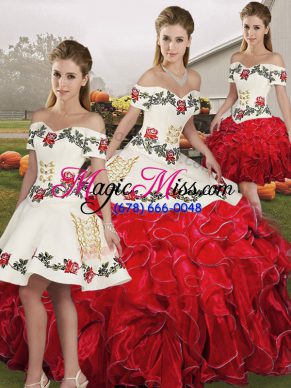 Customized Floor Length Lace Up 15th Birthday Dress White And Red for Military Ball and Sweet 16 and Quinceanera with Embroidery and Ruffles