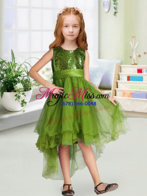 Decent Olive Green A-line Sequins and Bowknot Flower Girl Dresses Zipper Organza Sleeveless High Low