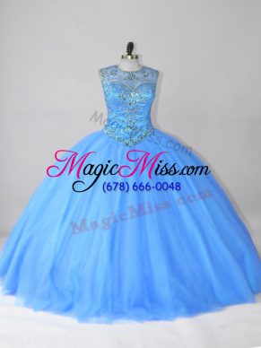 Blue Tulle Lace Up Sweet 16 Dress Sleeveless Floor Length Beading