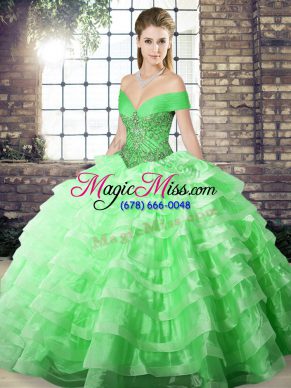 Trendy Green Sleeveless Beading and Ruffled Layers Lace Up Vestidos de Quinceanera