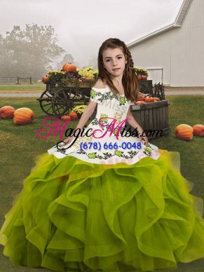 Straps Sleeveless Little Girls Pageant Gowns Floor Length Embroidery and Ruffles Olive Green Organza