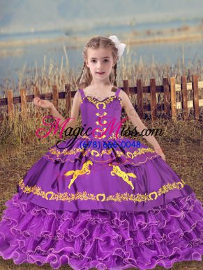 Eggplant Purple Lace Up Pageant Dress Wholesale Beading and Embroidery and Ruffled Layers Sleeveless Floor Length