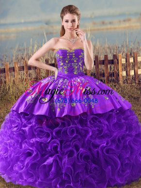 Glorious Purple Sleeveless Brush Train Embroidery and Ruffles Sweet 16 Quinceanera Dress