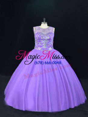 Colorful Lavender Tulle Lace Up Scoop Sleeveless Floor Length Vestidos de Quinceanera Beading