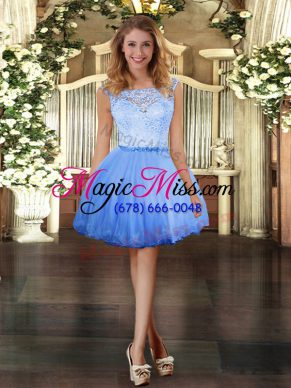 Blue Sleeveless Mini Length Lace Zipper Prom Gown