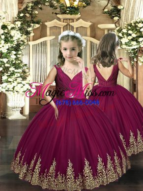 Ball Gowns Little Girls Pageant Dress Wholesale Burgundy Tulle Sleeveless Floor Length Backless
