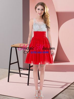 Red Bridesmaid Gown Wedding Party with Beading Scoop Sleeveless Side Zipper