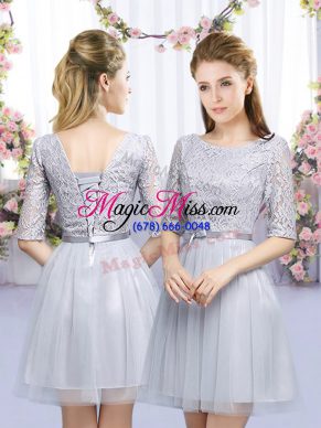 Shining Half Sleeves Tulle Mini Length Lace Up Wedding Guest Dresses in Grey with Lace and Belt