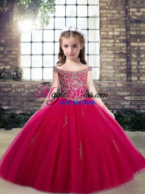 Hot Pink Lace Up Scoop Beading and Appliques Little Girls Pageant Dress Tulle Sleeveless