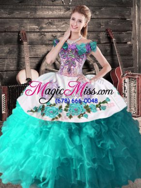Turquoise Ball Gowns Off The Shoulder Sleeveless Organza Floor Length Lace Up Embroidery Sweet 16 Dress