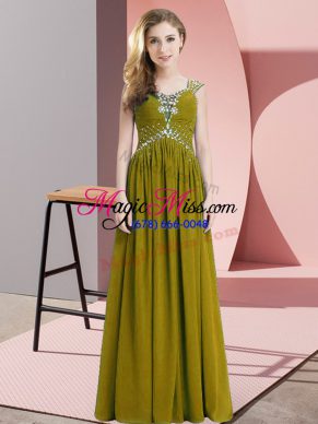 Exquisite Floor Length Olive Green Evening Party Dresses Chiffon Cap Sleeves Beading and Ruching