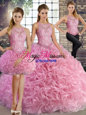 New Arrival Floor Length Lace Up 15th Birthday Dress Rose Pink for Military Ball and Sweet 16 and Quinceanera with Beading