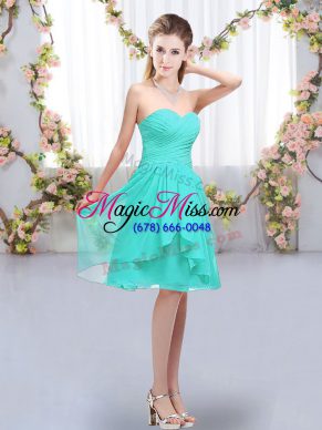 Sophisticated Knee Length Turquoise Bridesmaid Gown Chiffon Sleeveless Ruffles and Ruching