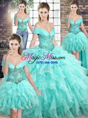 Brush Train Ball Gowns Quinceanera Gown Aqua Blue Off The Shoulder Organza Sleeveless Lace Up