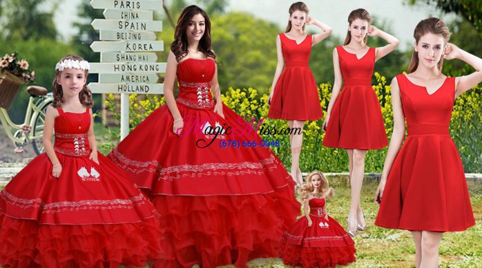 Red Lace Up Strapless Embroidery and Ruffles 15 Quinceanera Dress Satin and Organza Sleeveless