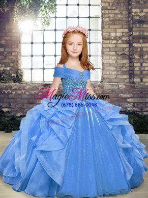 Blue Organza Lace Up Kids Formal Wear Sleeveless Floor Length Beading and Ruffles