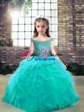 Tulle Off The Shoulder Sleeveless Lace Up Beading and Ruffles Little Girls Pageant Dress in Aqua Blue