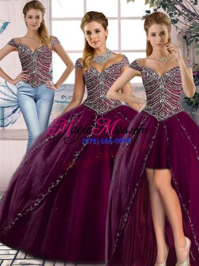 Perfect Brush Train Ball Gowns Sweet 16 Quinceanera Dress Purple Sweetheart Tulle Cap Sleeves Lace Up