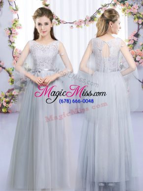 Eye-catching Grey Empire Tulle Scoop Sleeveless Lace and Belt Floor Length Lace Up Quinceanera Court Dresses