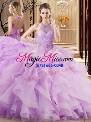 Excellent Sleeveless Organza Brush Train Lace Up Quinceanera Gown in Lilac with Beading and Ruffles