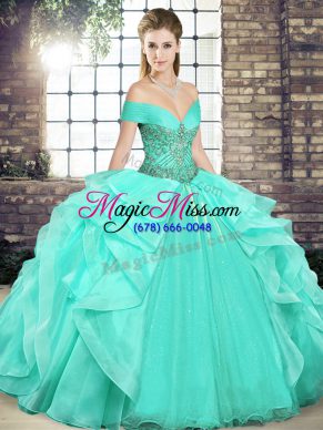 Apple Green Off The Shoulder Lace Up Beading and Ruffles Quinceanera Gowns Sleeveless
