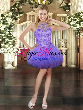 Lavender Tulle Lace Up Prom Evening Gown Sleeveless Mini Length Beading and Ruffles
