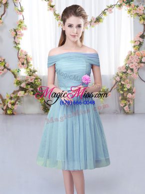 Blue Bridesmaid Gown Wedding Party with Belt Off The Shoulder Short Sleeves Lace Up