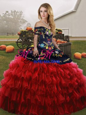 Red And Black Lace Up Off The Shoulder Embroidery and Ruffled Layers Quince Ball Gowns Organza Sleeveless