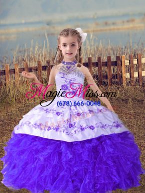 Lavender Lace Up Halter Top Beading and Embroidery and Ruffles Little Girl Pageant Gowns Organza Sleeveless