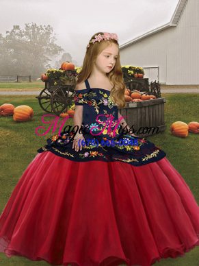 Coral Red Organza Lace Up Little Girl Pageant Gowns Sleeveless Floor Length Embroidery