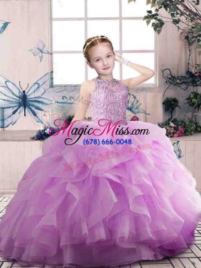 Lilac Zipper Kids Pageant Dress Beading and Ruffles Sleeveless Floor Length