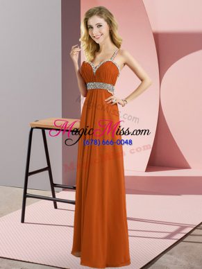 Chiffon Straps Sleeveless Criss Cross Beading Prom Party Dress in Rust Red