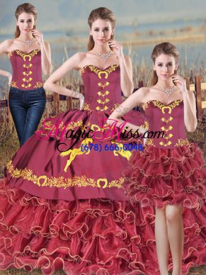 Satin and Organza Sweetheart Sleeveless Brush Train Lace Up Embroidery and Ruffles Quinceanera Gown in Burgundy