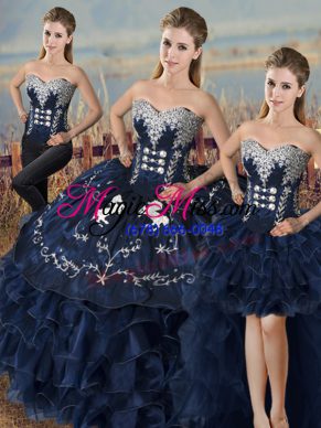 Colorful Navy Blue Ball Gowns Sweetheart Sleeveless Satin and Organza Lace Up Embroidery and Ruffles 15th Birthday Dress