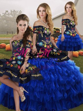 Blue And Black Quince Ball Gowns Military Ball and Sweet 16 and Quinceanera with Embroidery and Ruffled Layers Off The Shoulder Sleeveless Lace Up