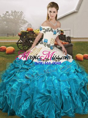 Off The Shoulder Sleeveless Lace Up 15 Quinceanera Dress Blue And White Organza