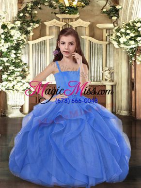 Fancy Floor Length Ball Gowns Sleeveless Blue Little Girls Pageant Gowns Lace Up